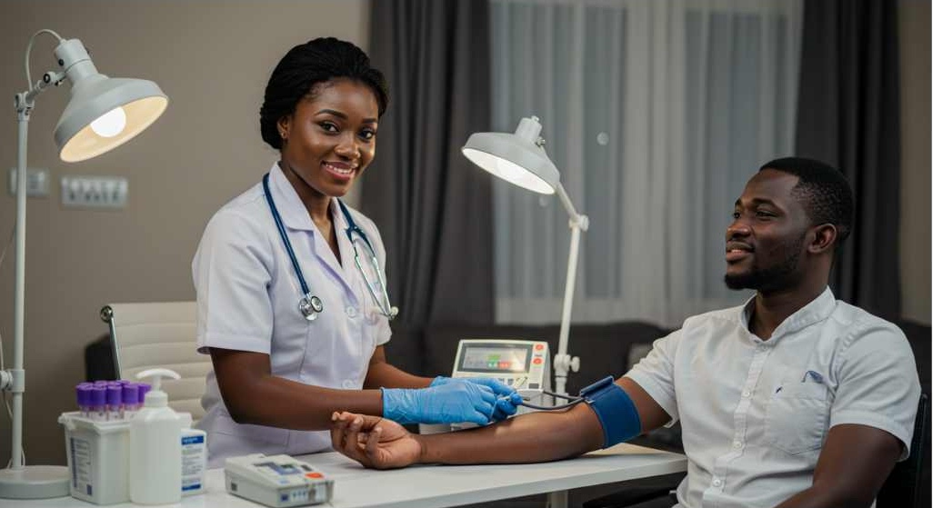 Young male with professional phlebotomist during consultation